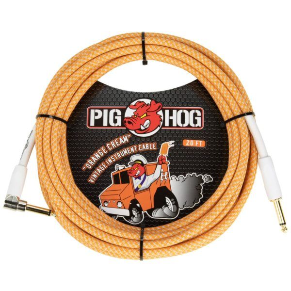 Pig Hog Vintage Series Right Angle 20ft Woven Instrument Cable Orange Creme