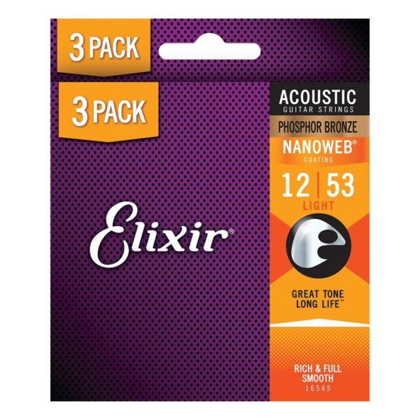 Elixir Nanoweb Phosphor Bronze Acoustic Guitar Strings 3-Pack