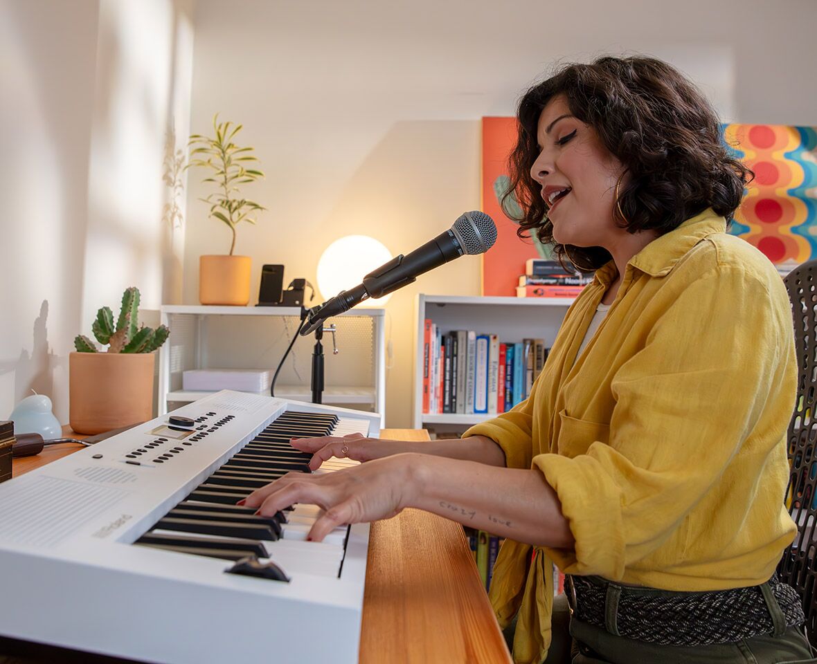 You can connect a microphone into your Roland GO:KEYS 5 Portable keyboard