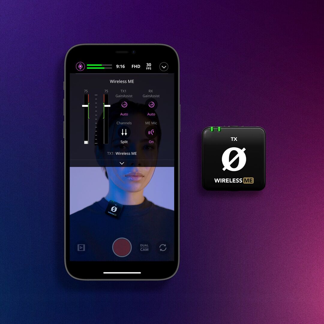 Wireless ME TX next to mobile phone showing RODE Capture iOS app displaying audio controls