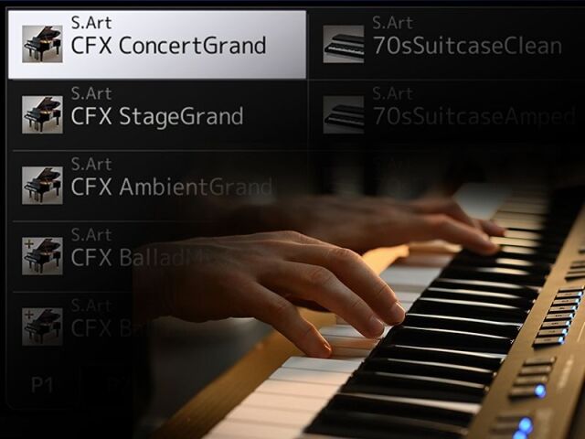 Collage of a screen capture of the Yamaha Arranger Workstation PSR-SX720 Voice list and a photo of a person's hand playing a keyboard